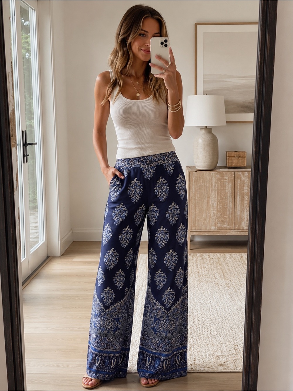 Kobi Halperin Josie Indigo Paisley Print Wide-Leg Pants Size XS